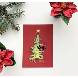 Wilhelmiina Design Mustankissan joulukortit, Kuusi punainen