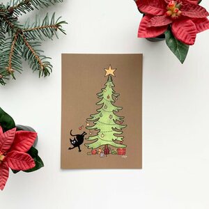 Wilhelmiina Design Mustankissan joulukortit, Kuusi ruskea